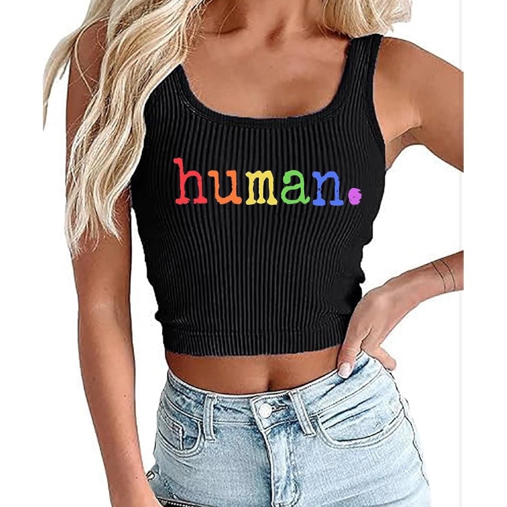 NWT Pride Tank Top Women Black Rainbow Human Graphic Crop Ribbed LGBTQ Large